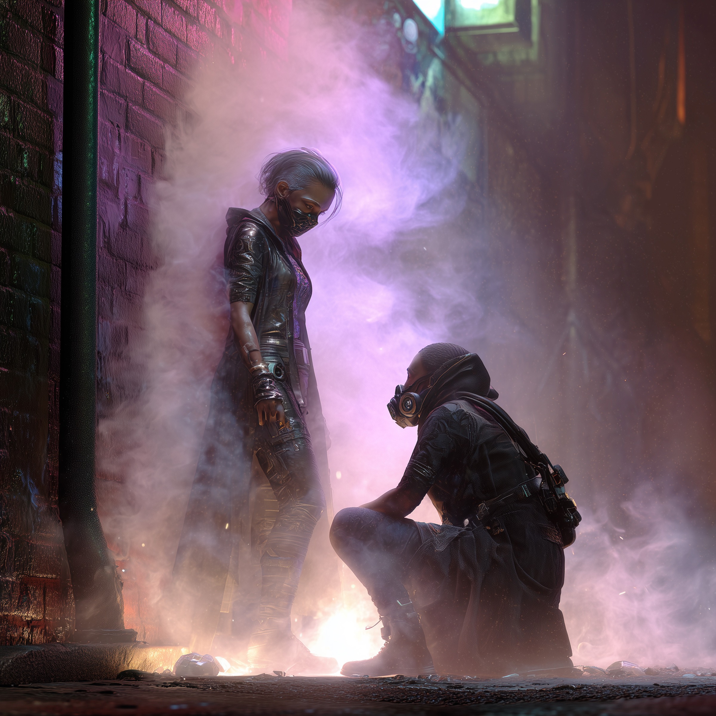 Cyberpunk alley scene with two masked figures surrounded by violet smoke